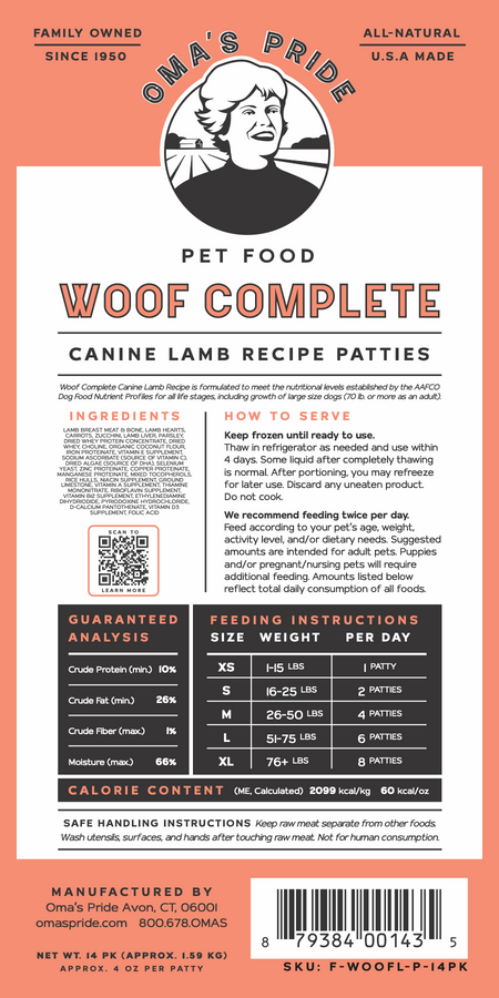 Woof Complete Canine Lamb Patties small or large cases